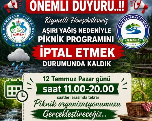 Rize Salarha Deresi Vakfı Pikniği Hava Muhalefeti Nedeniyle Ertelendi